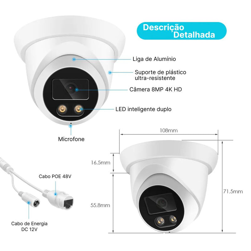 Câmera Inteligente IP 8MP Ultra HD 4K com Visão Noturna Colorida